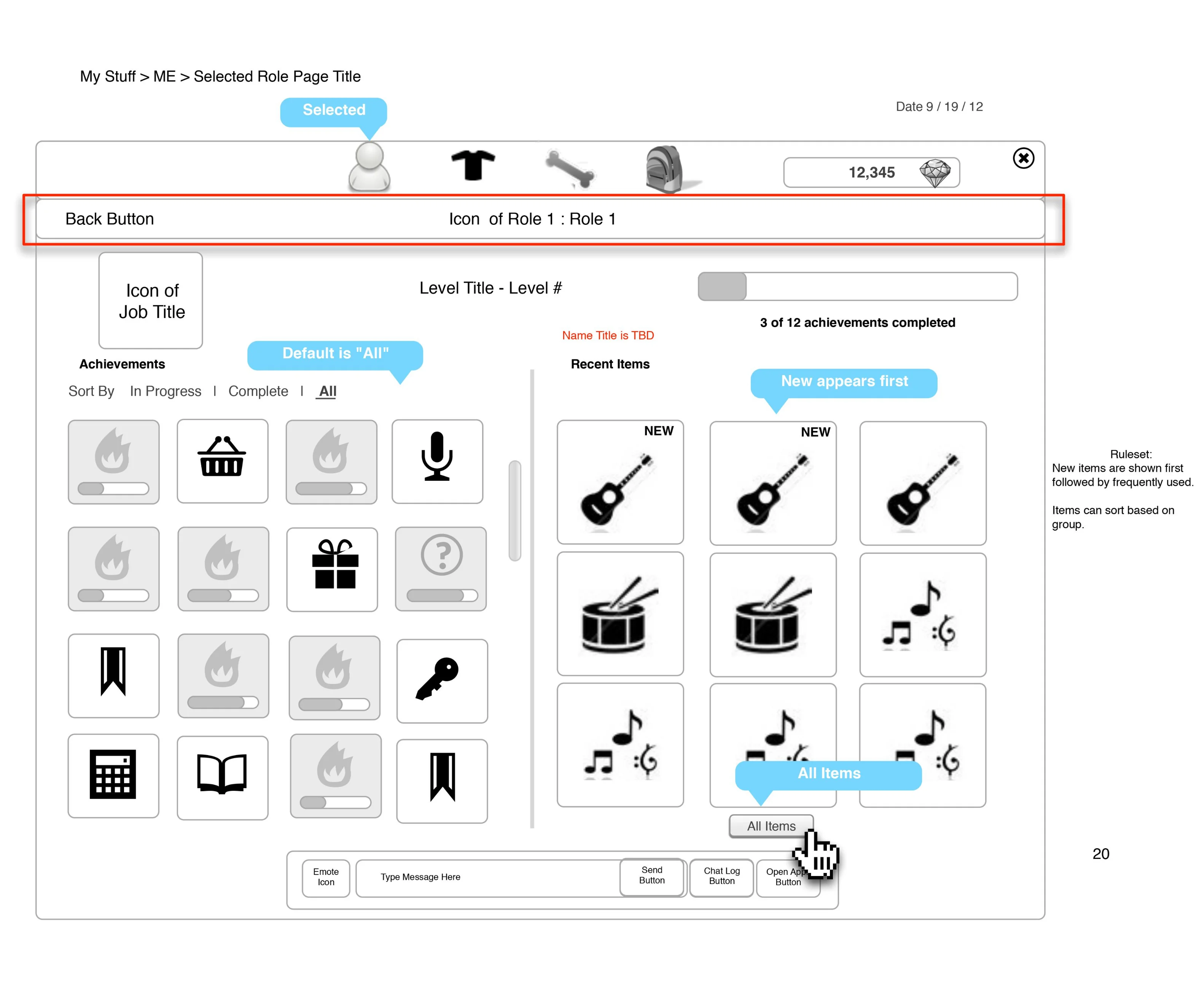 Achievements and items wireframe